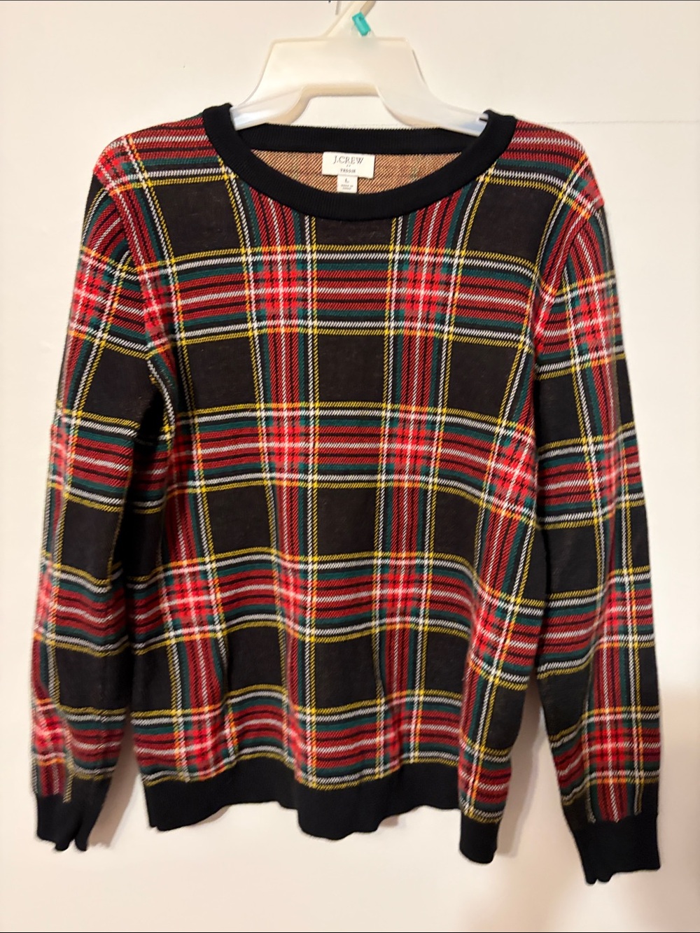 J. Crew: Teddie: Red and Black/yellow/green Plaid Crewneck Sweater. ๐ฏ cotton. L - Picture 3 of 6